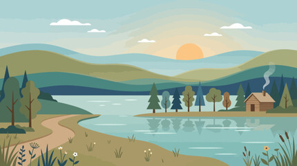 Naklejka premium Flat vector illustration of a peaceful rural landscape with hills river and a small house at sunset