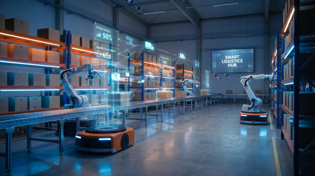 Automated smart warehouse logistics hub with robotic arms and agv vehicles managing inventory storage and shipping through digital supplychain technology and augmented reality data interface.