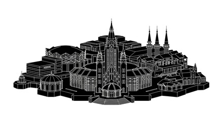 Fototapeta premium Black and white silhouette of a grand palace complex on a white background
