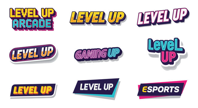 Level up typography designs colorful text variations with arcade and esports themes flat vector illustration high quality professional detailed modern elegant stylish