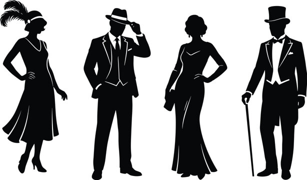 Four vintage fashion silhouettes group retro attire including flapper dress suit evening gown and tuxedo flat vector illustration on white background