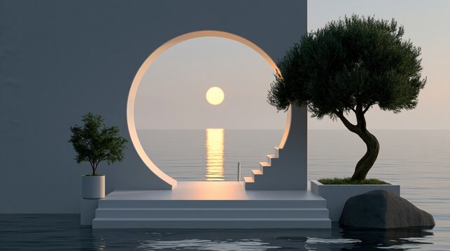 Serene minimalist architectural gateway overlooking the ocean at sunset with a lone olive tree.