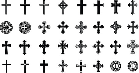 Fototapeta premium Collection of different cross symbols in black silhouette style, religious Christian icon set with ornate and simple designs vector illustration isolated background