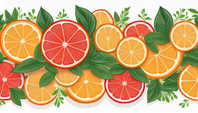 citrus seamless border frame orange and grapefruit slices green leaves white background summer design banner decor