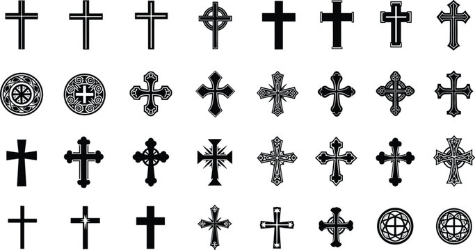 Collection of different cross symbols in black silhouette style, religious Christian icon set with ornate and simple designs vector illustration isolated background