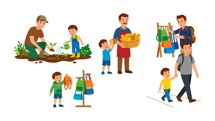 Fototapeta premium Everyday Moments with Dad: A heart-warming illustration series captures the simple, yet profound, moments of a father's presence and influence in his child's life.