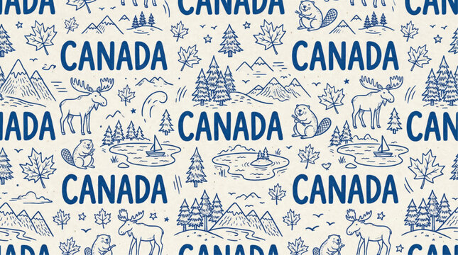 Canada Wildlife and Nature Seamless Pattern with Moose, Beaver, and Mountains
