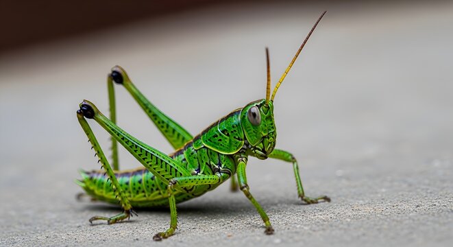 Vibrant Green Grasshopper Close-up on Concrete Surface
