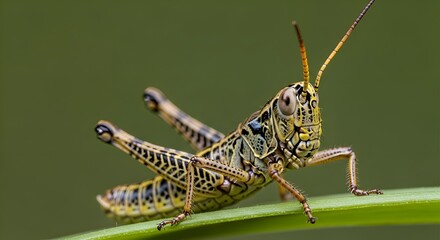 Fototapeta premium Close-up of a Grasshopper on a Green Leaf, Macro Insect Photography