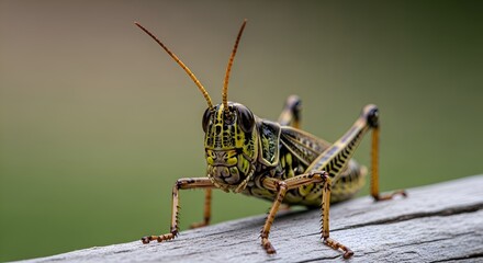 Fototapeta premium Close-up of a Grasshopper on a wooden surface, detailed macro shot, insect macro photography