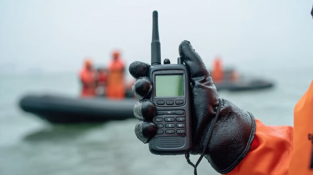 Hand Holding a Two-Way Radio in a Wet Environment with People in Background Wearing Orange Gear on a Boat