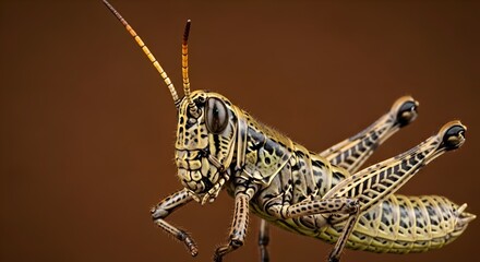 Fototapeta premium Detailed Macro Shot of a Grasshopper with Intricate Patterns on a Brown Background