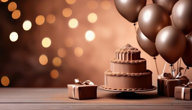 blurred mocha background with ballon and birthday present box and mocha colour cake