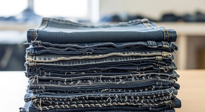 Neatly stacked layers of used blue denim jeans fabric showcase a rich indigo texture and raw, worn details