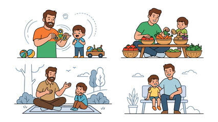 Fototapeta premium Father and Son Daily Life: A heartwarming collection of illustrations depicting a father and son sharing various moments together, from playing and learning to relaxing and bonding outdoors.