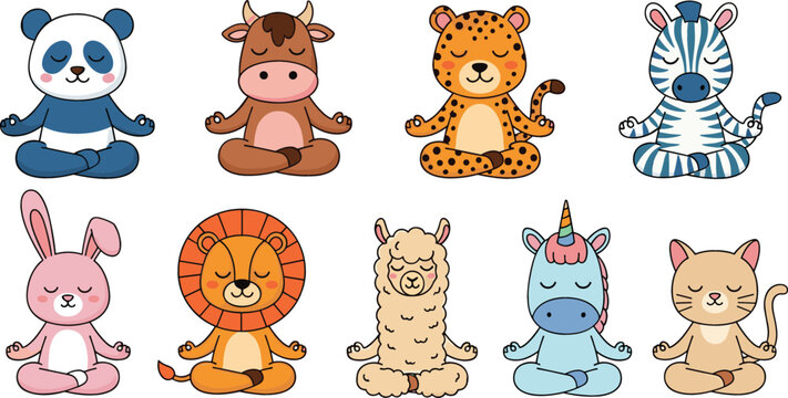 Cute animals meditating in yoga lotus pose, cartoon vector illustration set with panda cow leopard zebra rabbit lion alpaca unicorn and cat