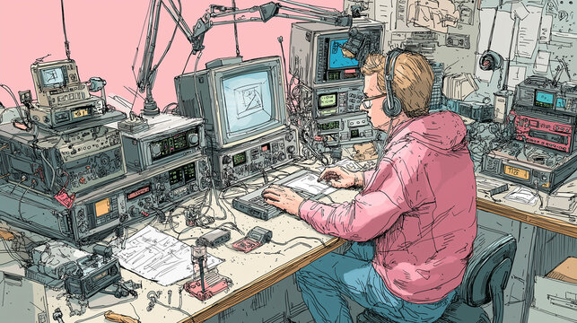 Amateur radio (Ham radio): a person operating a complex radio setup, communicating with distant locations, niche hobby