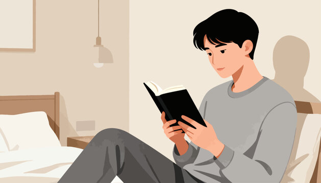 Young man reads book while seated on bed. Soft lighting illuminates his focused expression. Cozy bedroom setting adds warmth and calm. Ideal for themes of study, relaxation, or quiet moments