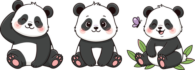 Cute baby panda characters set with playful poses, adorable cartoon animals in flat vector style, perfect for kids design, nursery decor, and wildlife themed illustrations © MdNazmul
