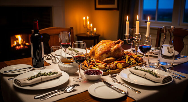 Festive roast turkey dinner with wine and candles on table.