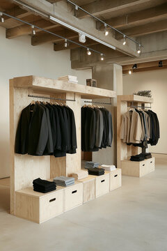 Interior of a sustainable fashion retail store clothing section, raw wood beam clothing racks mounted on concrete walls
