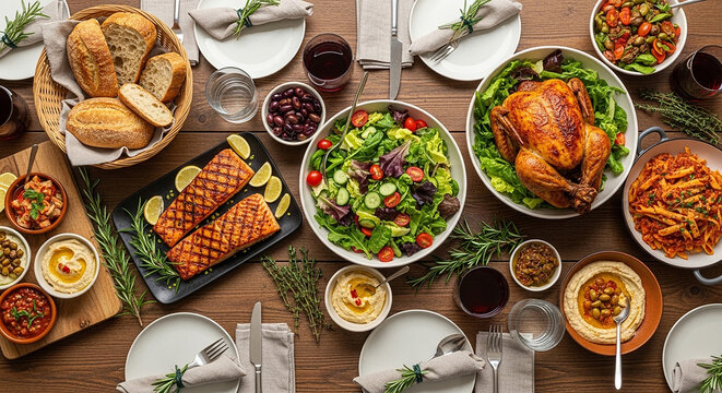 Abundant buffet table with roasted chicken salmon salad pasta.