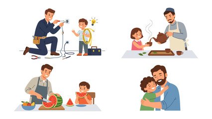 Heartwarming Dad Moments: A set of charming cartoon illustrations celebrates the everyday joys and lessons shared between fathers and their children in different situation. © Rahimatul