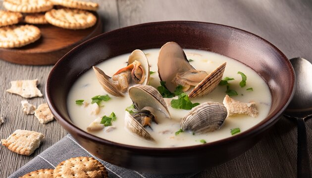 new england clam chowder with clams and oyster crackers
