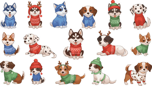 Cute cartoon dogs wearing winter clothes set, adorable puppy characters in sweaters and hats, colorful flat vector illustration for kids, pets, holidays, and festive design