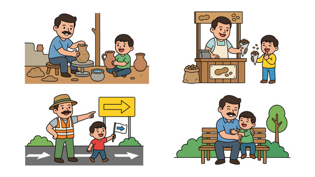 Father and Son's Quality Time: A series of delightful vignettes captures a father and son bonding through pottery, tasty treat from food cart, guiding directional and quiet moments on park bench.