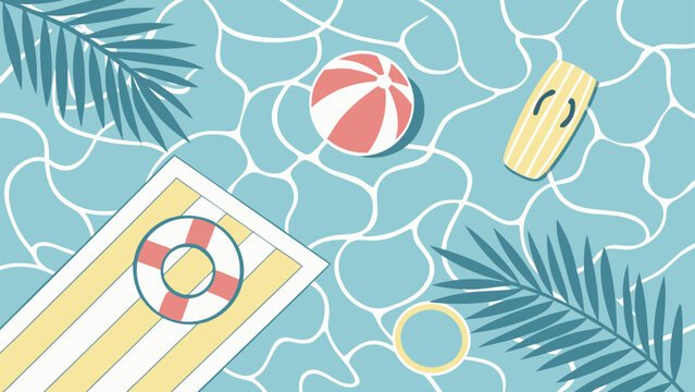 Colorful beach towels and summer toys on pool tiles background