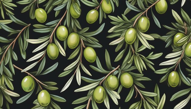 mediterranean olive tree pattern with hand drawn branches and green olives on dark background for wallpaper and fabric