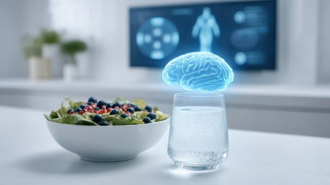Bright and High Key Shot of Healthy Salad with Water and Holographic Brain Displaying Nutritional Benefits in Modern Kitchen Setting