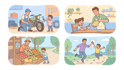 Fototapeta premium A Day in the Life: Four charming illustrations depicting a father and son sharing precious moments.
