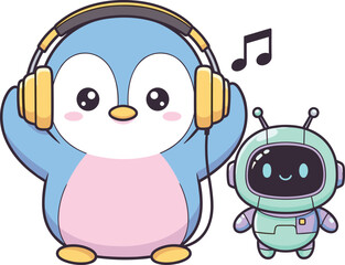Fototapeta premium Cute cartoon penguin wearing headphones and yellow robot with antennas listening to music and dancing together, vector art illustration.