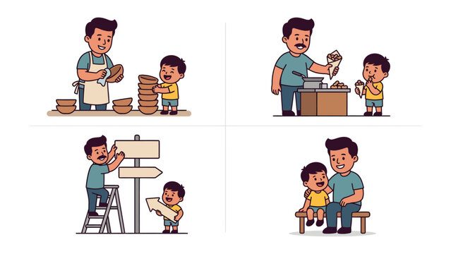 Father-Son Moments: A heartwarming depiction of father-son moments, capturing the essence of togetherness, learning, and guidance. Showcasing everyday interactions and the bond between father and son.