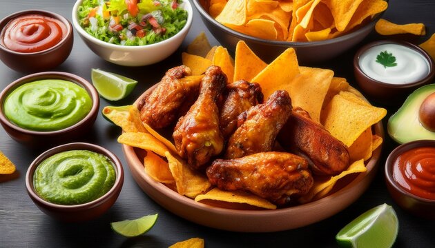 top view of football and food for super bowl such as buffalo wings nachos guacamole salsa sauce