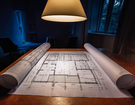 detailed plans on a desk illuminated by a lamp in a dim room with rolled blueprints