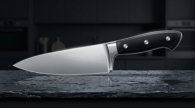 Modern Chef's Knife on Wet Granite Kitchen Countertop Vector Illustration