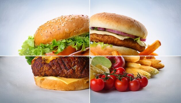 split screen showing unhealthy fast food against healthy fruits and vegetables