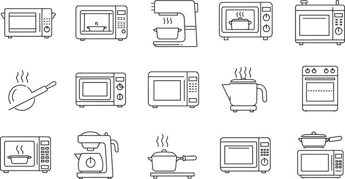 Kitchen Appliance Icon Set Featuring Microwaves, Ovens, Mixers, and Cooking Utensils in Simple Line Art