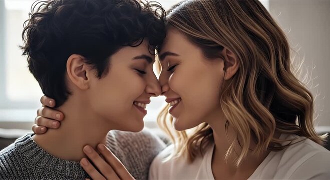 Close-up of two women smiling and touching foreheads in an intimate moment