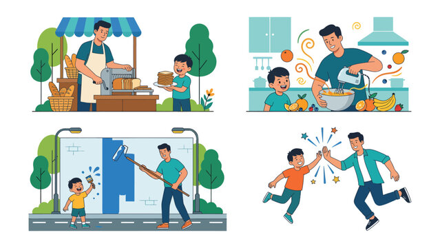 Father-Son Bonding Through Life's Moments: A heartwarming illustration showcases a series of intimate scenes, depicting the tender bond between a father and son as they share experiences such as.