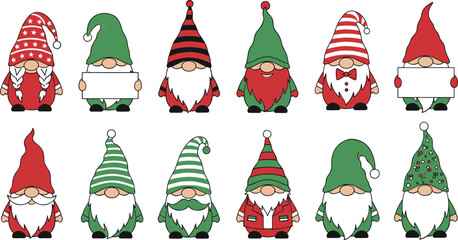 Cute Christmas gnome characters set with festive hats and beards holiday Scandinavian style illustration for winter decoration greeting cards and seasonal design © MdNazmul
