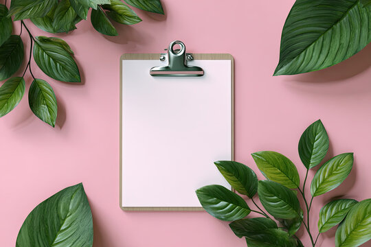 Stylish minimal composition with clip board and green leaves on a pink pastel background. Artwork mockup with copy space