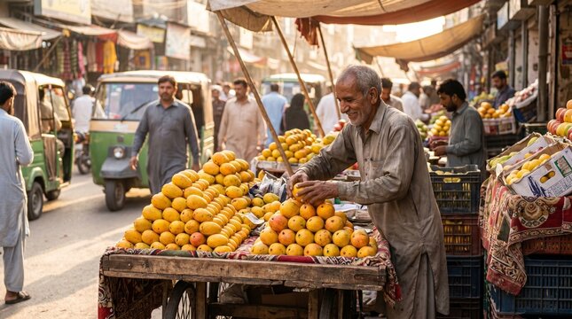 Fruit Vendor Arranging Mangoes in Street Market