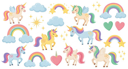 Fototapeta premium Cute Unicorn Fantasy Vector Set with Rainbows Stars Clouds and Magical Elements Flat Illustration