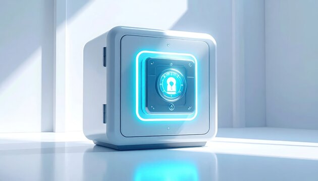 Futuristic Digital Safe with Glowing Blue Lock Icon.