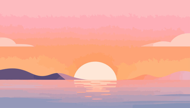 Soft pink sky meets orange horizon. Sun dips low, casting gentle glow. Silent hills frame calm, reflective water. Clouds float, unbothered by time's pace. Peaceful, tranquil, perfect sunset moment