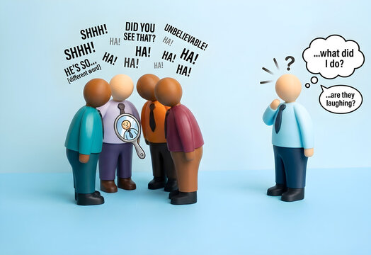 Cartoon figures with speech bubbles whisper and laugh while one isolated character wonders. Conceptual social image symbolizes gossip, exclusion, bullying, loneliness, and group dynamics.
